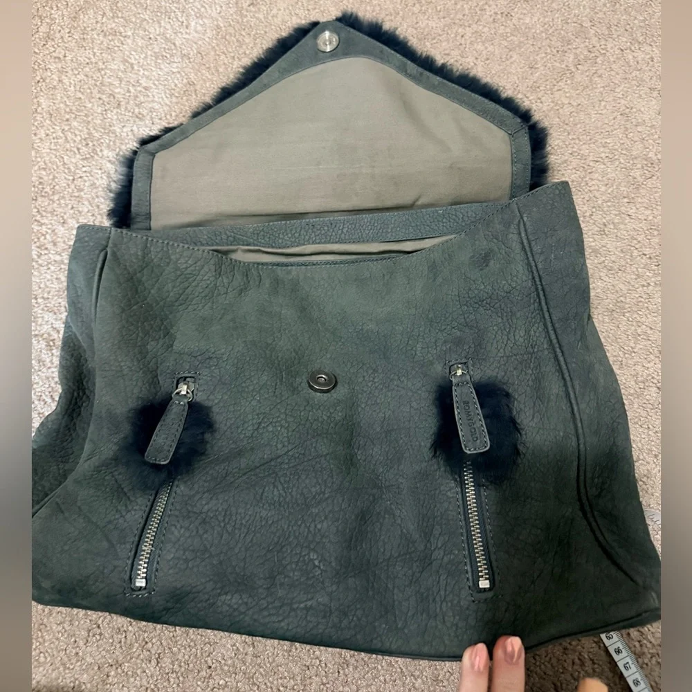 Romy Gold Gray Pebbled Leather Satchel Bag with Fur Trim